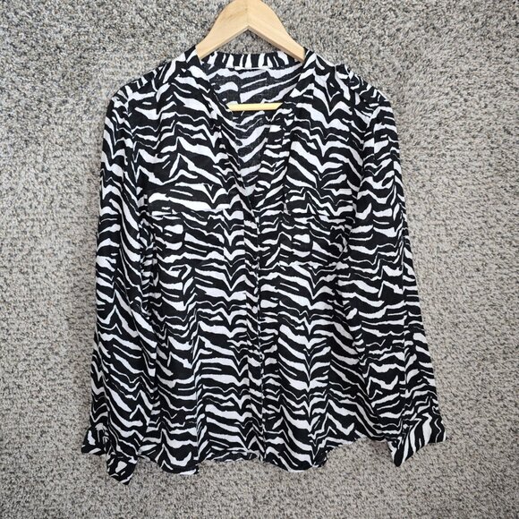 Calvin Klein Top Womens Large Black Animal Print Linen Button‎ Up Blouse Ladies - Picture 1 of 7